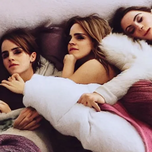 Image similar to emma watson and her friends sleeping in a bunch of cozy beds