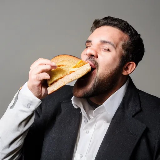 Prompt: a medium shot studio photograph of a man 35 years old eating a sandwich of microphone