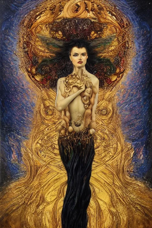 Image similar to Intermittent Chance of Chaos Muse by Karol Bak, Jean Deville, Gustav Klimt, and Vincent Van Gogh, beautiful portrait of Rebirth, Loki's Pet Project, Poe's Angel, Surreality, inspiration, imagination, muse, otherworldly, fractal structures, arcane, ornate gilded medieval icon, third eye, spirals