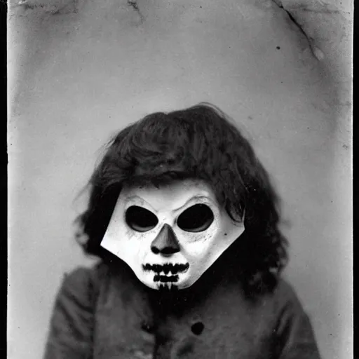 Image similar to child wearing a halloween mask in 1 9 0 0, photograph, style of atget, creepy, atmospheric, unsettling