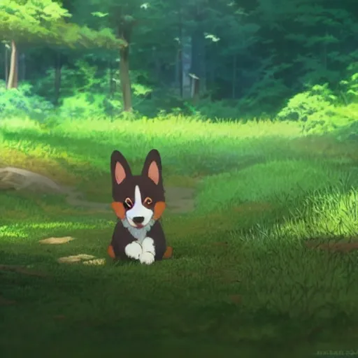 Prompt: corgi puppy in a forest, vivid, sharp, scenic, extremely beautiful still from an anime by makoto shinkai