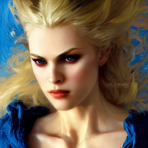 Image similar to detailed cinematic wide shot of beautiful attractive blonde vampire woman slim face symettrical face clean skin blue eyes black robe smooth, sharp focus, ultra realistic, spring light, painting by gaston bussiere, craig mullins, j. c. leyendecker