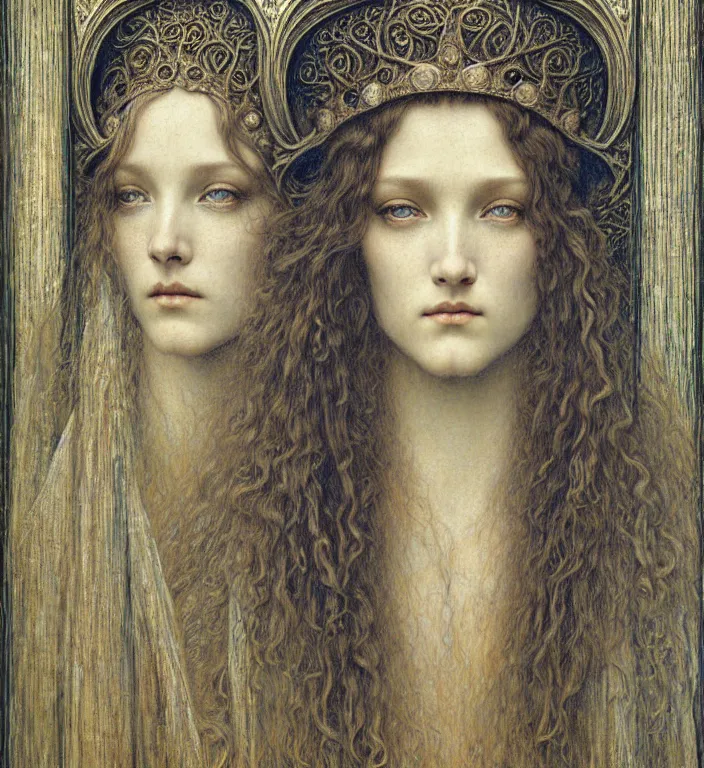 Image similar to detailed realistic beautiful young medieval queen face portrait by jean delville, gustave dore and marco mazzoni, art nouveau, symbolist, visionary, gothic, pre - raphaelite. horizontal symmetry