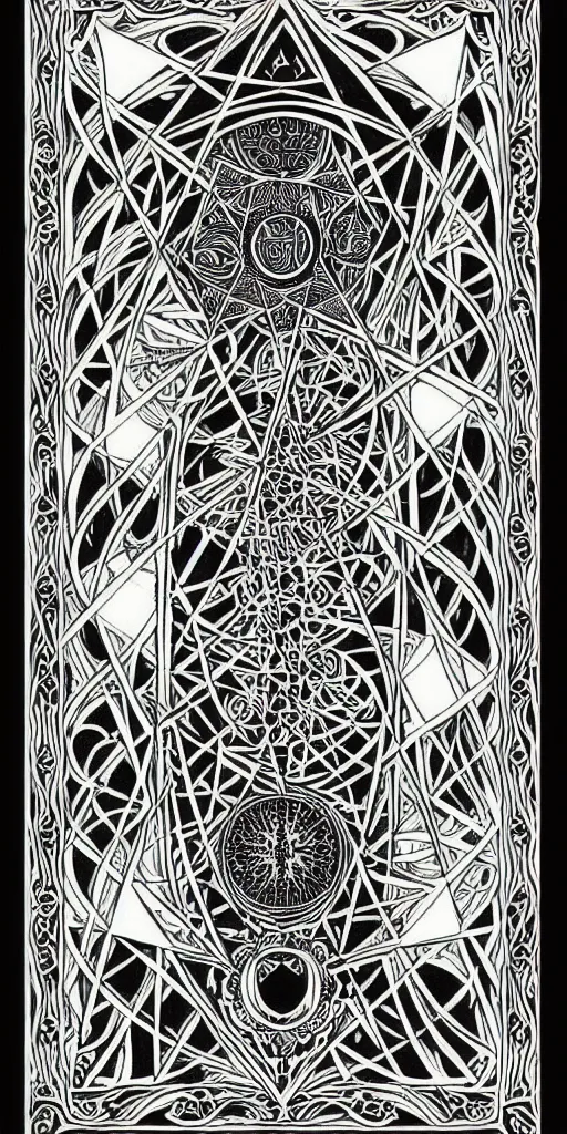 Image similar to a beautiful black and white fractal tarot card featuring bold occult imagery with clean lines. 👹. detailed adult coloring book