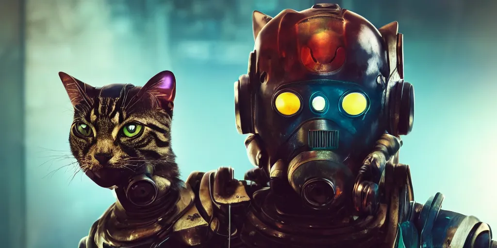 Image similar to cyberpunk cat wearing robotic mask and waving, fallout 5, studio lighting, deep colors, apocalyptic setting