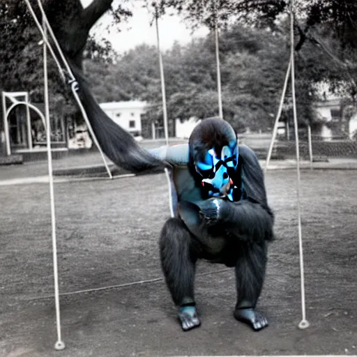 Prompt: 1 9 5 0's photo of gorilla sitting on swing in playground