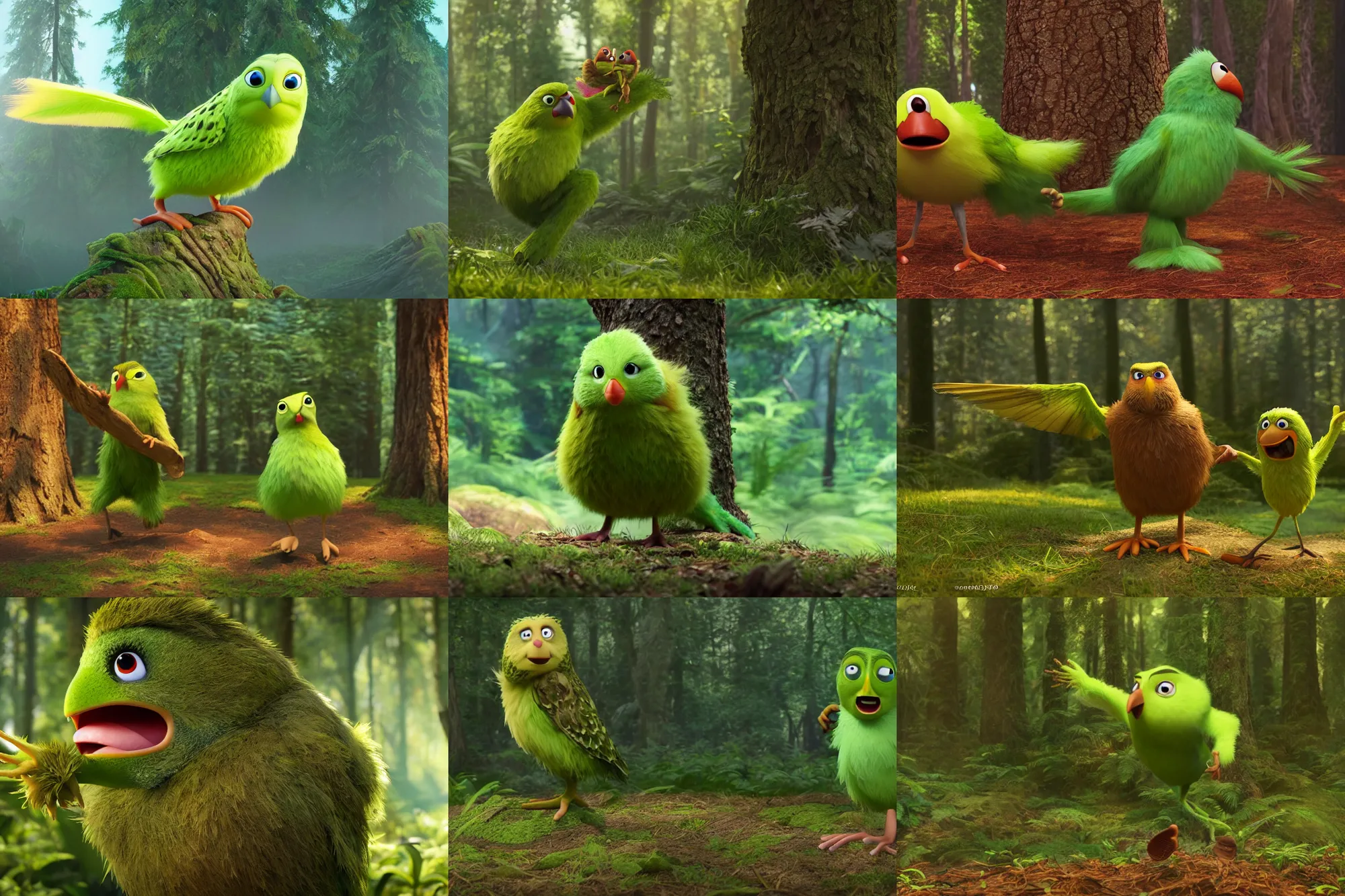 Prompt: still from a Pixar movie of a Kakapo dancing in the forest, high quality 3d render, movie, Pixar, Renderman, 4k, artstation