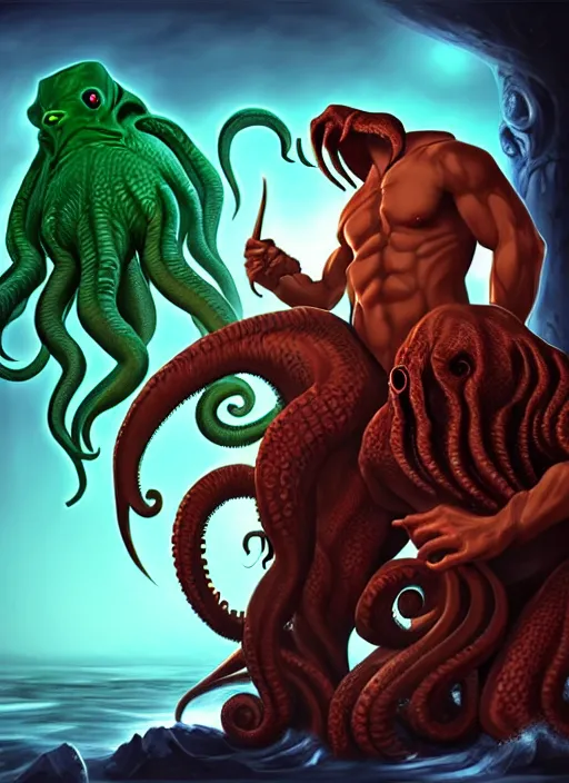 Image similar to mills and boon romance novel cover with cthulhu and fabio, they are in love, digital painting, artstation, concept art, smooth, sharp focus, warm lighting,