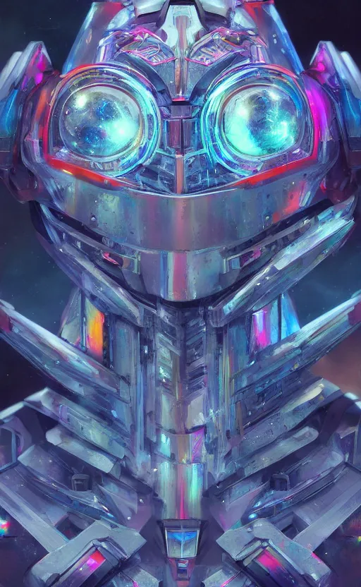 Image similar to upper half portrait of retro futuristic mech robot - embellished with vegetation and iridescent crystals, art by stanley artgem lau, highly detailed, digital painting, concept art, illustration, smooth sharp focus, intricate, symmetry, artstation, colourful,