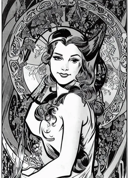 Image similar to a beautiful young woman. she is a woodland elf. well composed, clean elegant painting, beautiful detailed face. retro comic book art by steve ditko and jack kirby and ( alphonse mucha )