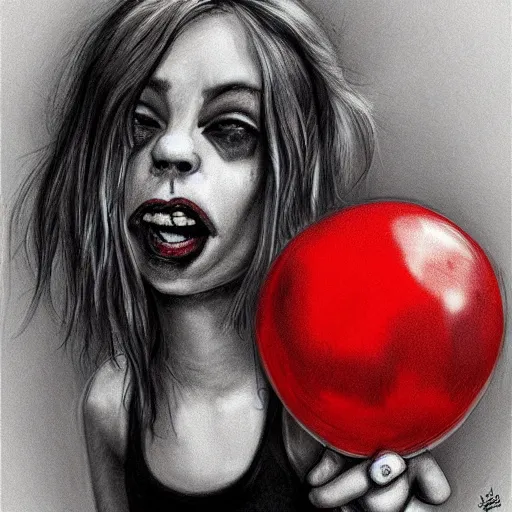 Image similar to surrealism grunge cartoon portrait sketch of billie eilish with a wide smile and a red balloon by - michael karcz, loony toons style, clown style, horror theme, detailed, elegant, intricate