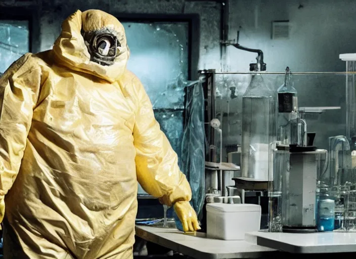 Prompt: a huge blobby flesh creature grows out of control in a grungy science lab, horror movie scene, a man in a hazmat suit