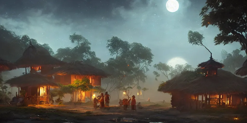 Prompt: moonlit kerala village, sharp focus, trending on ArtStation, masterpiece, by Greg Rutkowski, by Ross Tran, by Fenghua Zhong, octane, soft render, ultrarealistic, colorful, cinematic, horizon forbidden west