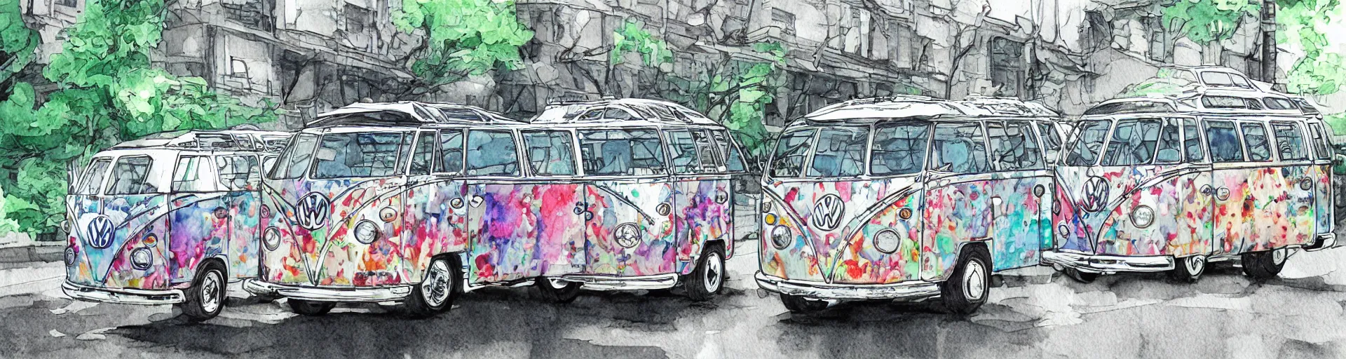 Image similar to vw bus on a street, centered award winning watercolor pen illustration, edited by range murata, tiny details by artgerm and watercolor girl