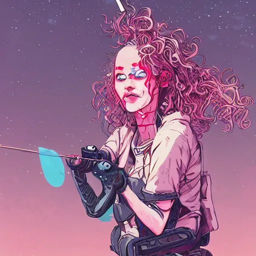 Prompt: close up, posing pointing with an arrow bow and shouting, a grungy cyberpunk anime, very cute, by super ss, curly pink hair, night sky by wlop, james jean, victo ngai, highly detailed