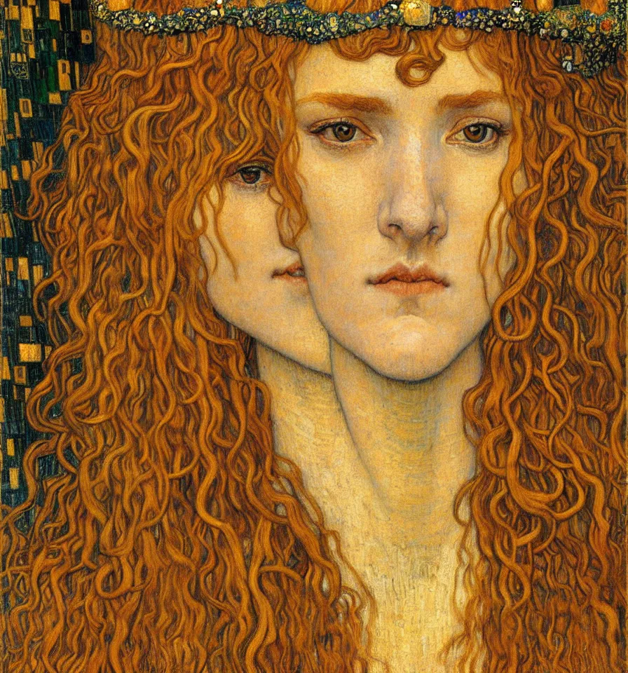 Image similar to detailed realistic beautiful young medieval queen face portrait by jean delville, gustav klimt and vincent van gogh, art nouveau, symbolist, visionary, gothic, pre - raphaelite, muted earthy colors, desaturated