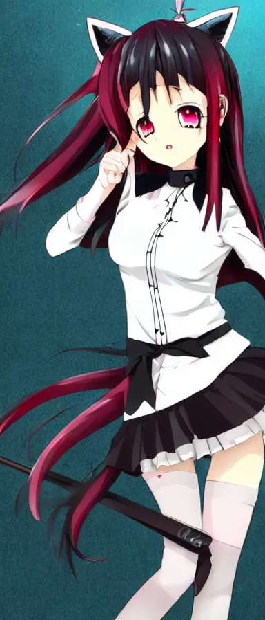 Image similar to Anime Screenshot of a “red-eyed black-haired anime fox girl” wearing black fingerless-gloves, high-waist-black-skirt, white-collared-shirt blue-open-jacket, black-necktie, unsheathing her katana, white background, visual-key, anime illustration, pixiv, anime-twitter