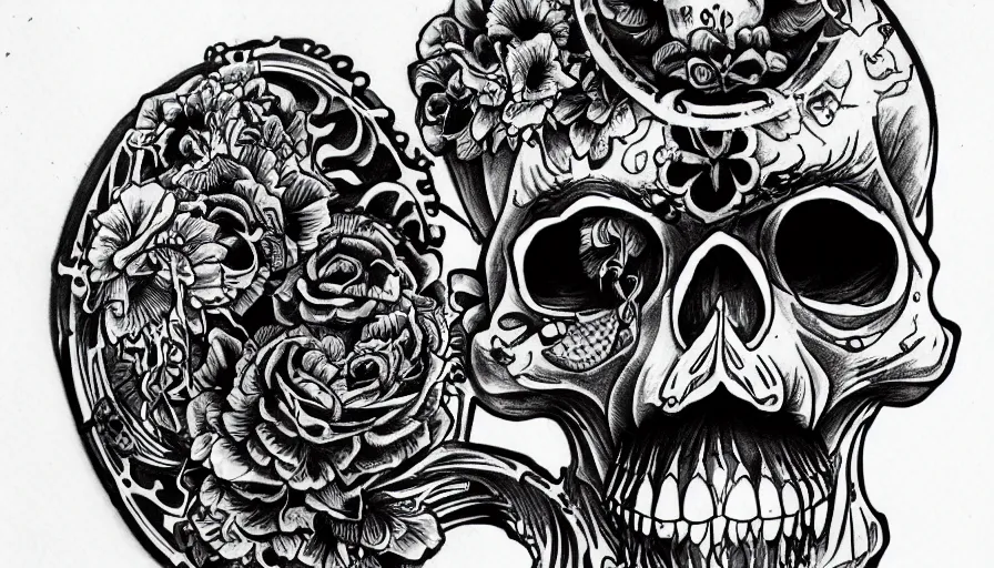 Image similar to highly detailed skull, Japanese ornament, tattoo ink sketch, isolated on white background