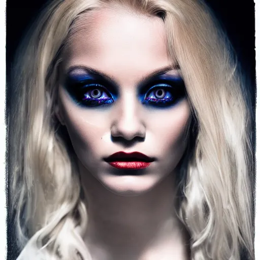 Image similar to A blonde model with glowing eyes, bright on dark, dramatic, cinematic, Sony a7R IV, symmetric balance, polarizing filter, Photolab, Lightroom, 4K, Dolby Vision, Photography Award