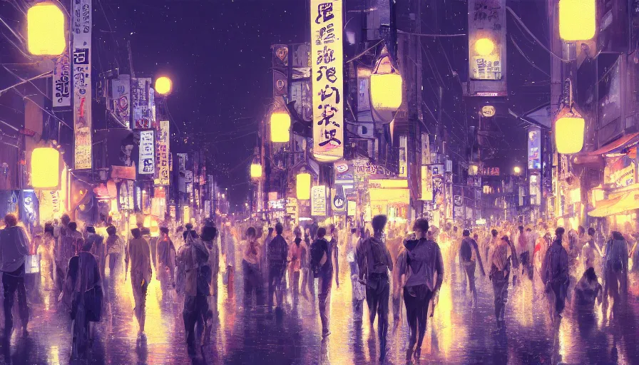 Prompt: Digital painting of cat walking in the crowded and lighted streets of Osaka at night, hyperdetailed, artstation, cgsociety, 8k