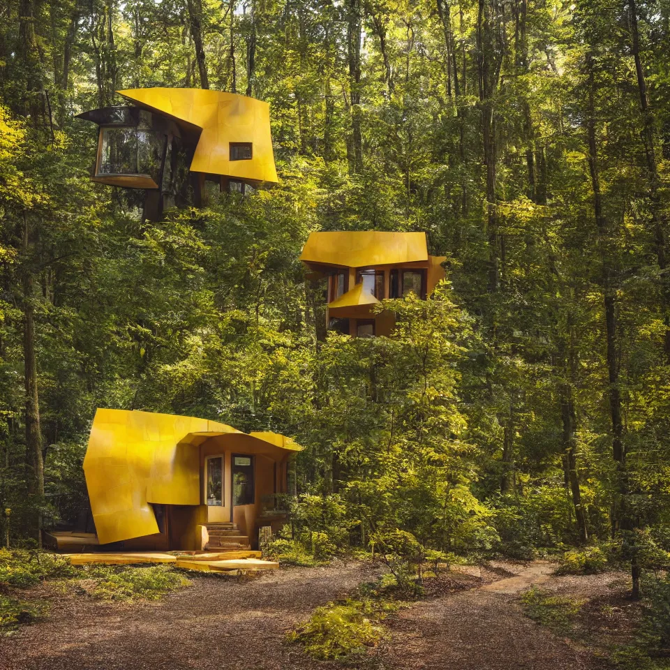 Image similar to a tiny house in a light forest clearing, designed by Frank Gehry. Tiles. Gravel pathway. Film grain, cinematic, yellow hue