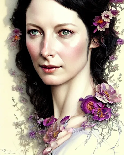 Image similar to beautiful and playful ethereal caitriona balfe ( outlander ) portrait, art nouveau, fantasy, intricate flower designs, elegant, highly detailed, sharp focus, art by artgerm and greg rutkowski and wlop