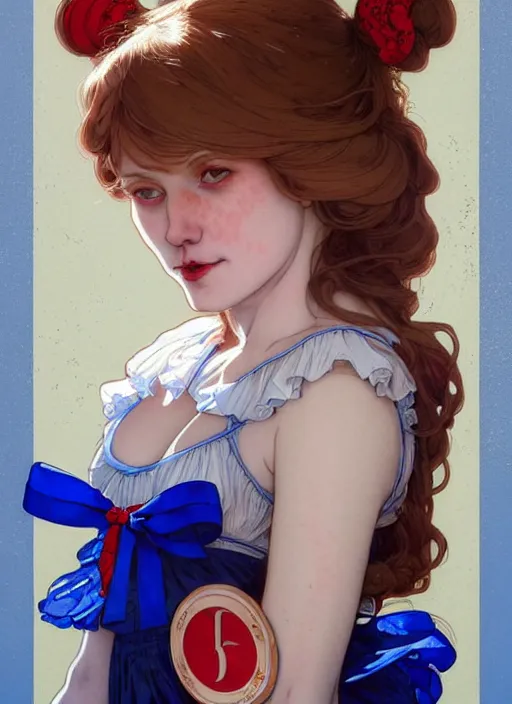 Image similar to close up portrait of wendy thomas, pale young woman with dark freckles and bright red pigtails and blue bows, blue dress with lace ruffles by artgerm, cushart krenz, greg rutkowski, mucha. art nouveau. gloomhaven, golden arches logo, pale colors, sharp edges. ultra clear detailed. 8 k. elegant, intricate, octane render