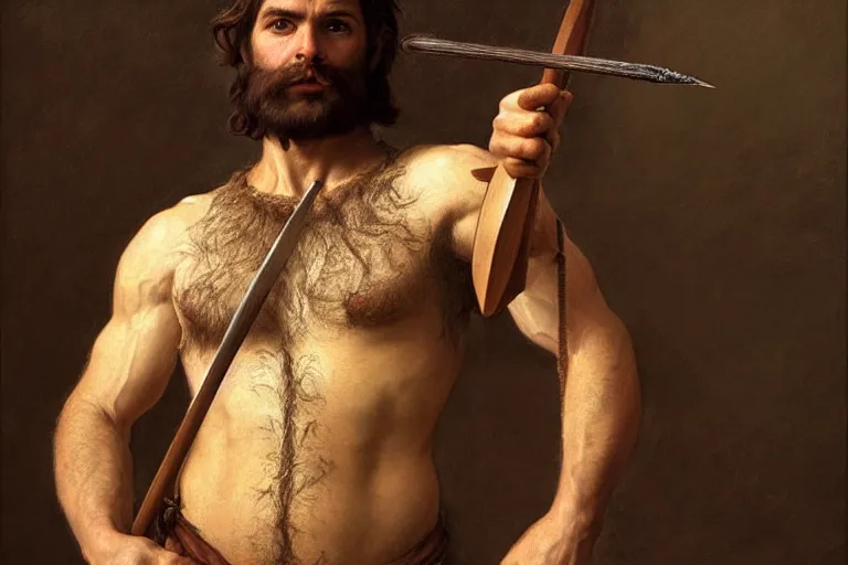 Image similar to renaissance painting full body portrait of a gruff ranger with a spear, lean and toned, handsome face, hairy chest and hairy body, D&D, intricate, elegant, highly detailed, digital painting, artstation, concept art, matte, sharp focus, chiaroscuro, well list, illustration, art by Artgerm and Greg Rutkowski and Alphonse Mucha