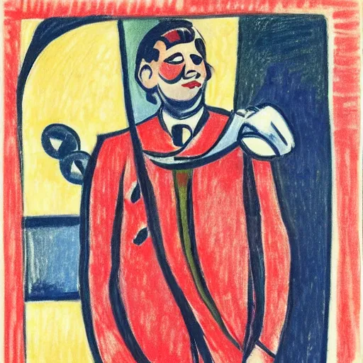 Image similar to precise by louis valtat navajo red, zoetrope. a drawing of a suit. the man's eyes are closed & he has a serene, content look on his face. his arms are crossed in front of him & is floating in space. background is swirling with geometric shapes & patterns.