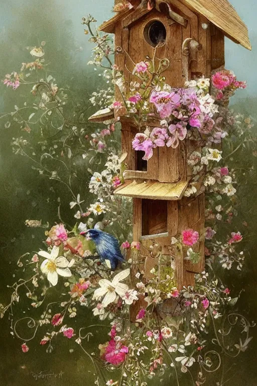 Image similar to whimsical birdhouse and flowers by jean - baptiste monge