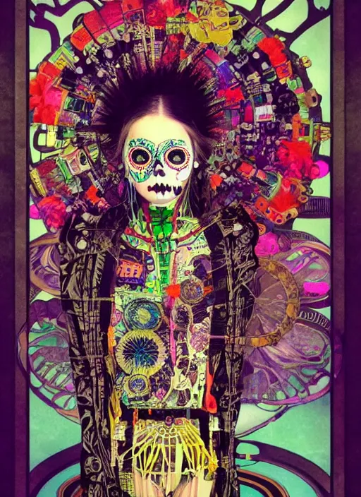 Image similar to cute punk goth fashion hippy fractal Día de los Muertos android girl wearing kimono made of circuits posing by Zhang Jingna, psychedelic poster art by Hannah Höch Käthe Köllwitz Victor Moscoso Rick Griffin Alphonse Mucha Edward Munch Ayami Kojima