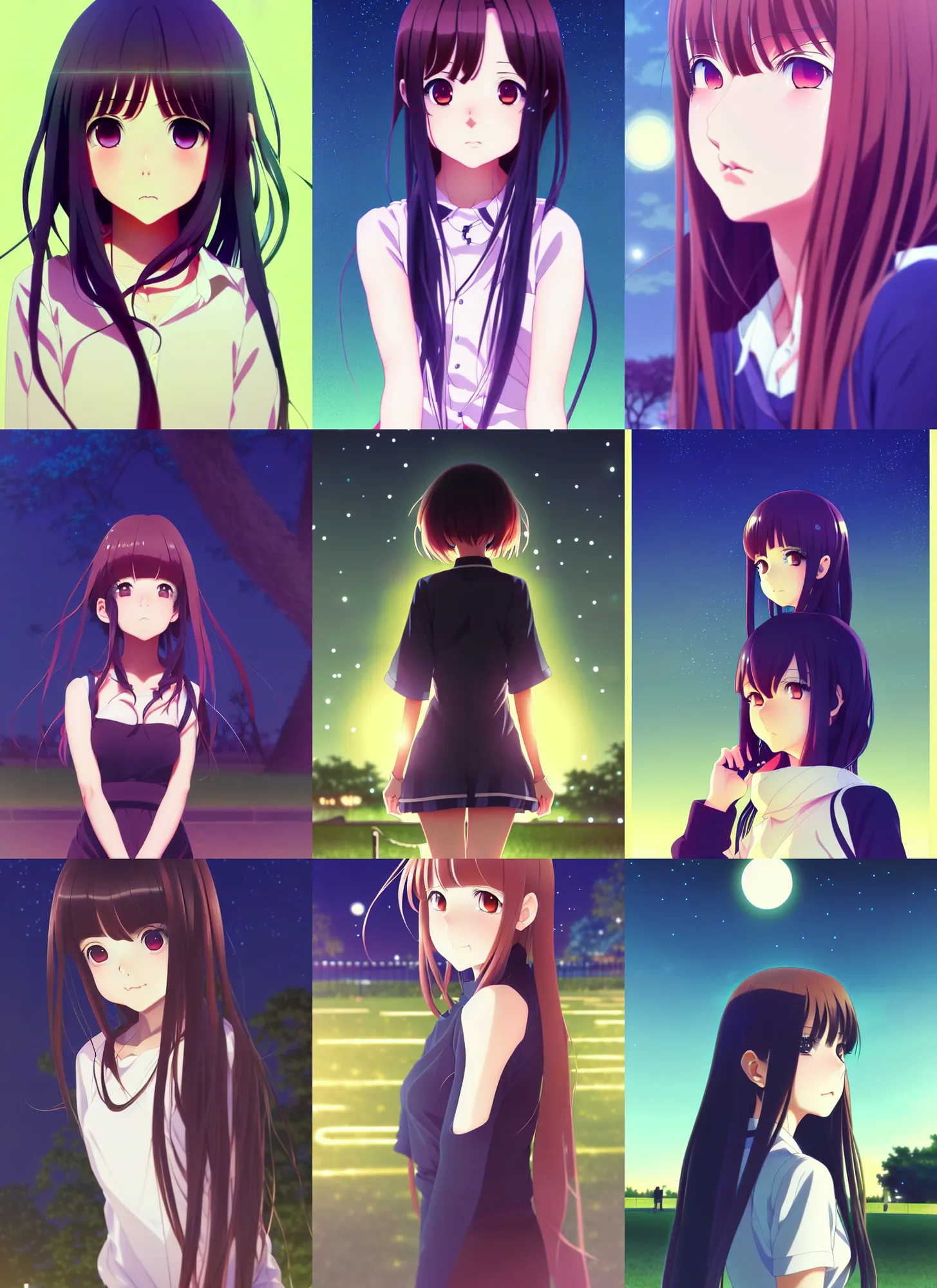 Prompt: anime visual, portrait of a young female at the park at night long hair, low light, cute face by ilya kuvshinov, yoh yoshinari, makoto shinkai, dynamic pose, dynamic perspective, muted colors, cel shaded, flat shading mucha, rounded eyes, detailed facial features, isekai