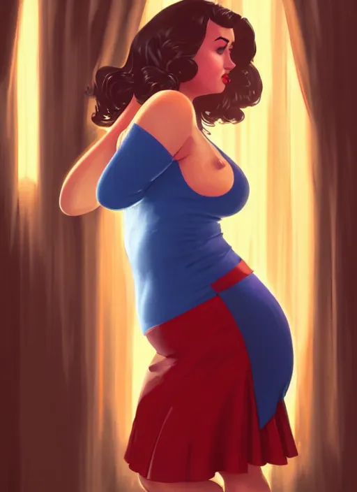 Image similar to full body portrait of teenage veronica lodge, obese, bangs, sultry, realistic, sultry smirk, wavy hair, red skirt, fat, belly, intricate, elegant, glowing lights, highly detailed, digital painting, artstation, concept art, smooth, sharp focus, illustration, art by wlop, mars ravelo and greg rutkowski