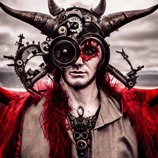 Image similar to mechanical steampunk cyborg devil red skin satan horns with white! angel wings flames and fire photography by david yarrow concept art greg rutkowski