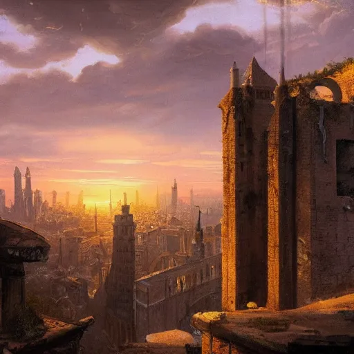 Image similar to a girl looks over a city at sunset, the city is a sprawling medieval city that is built amidst decaying brutalist cyclopean architecture and overgrown by the rainforest, rpg, hubert robert, cityscape, vista, dying earth