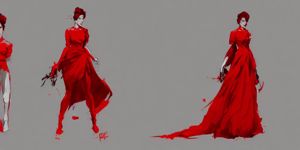 Image similar to lady in red, character sheet, concept design, contrast, kim jung gi, greg rutkowski, zabrocki, karlkka, jayison devadas, trending on artstation, 8 k, ultra wide angle, pincushion lens effect