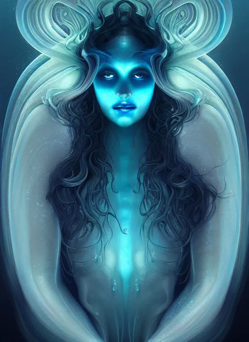 Image similar to an underwater photographic side portrait of an anthropomorphic bioluminescent liquid wave, dramatic murky volumetric lighting, fantasy, intricate, elegant, highly detailed, digital painting, artstation, concept art, smooth, sharp focus, illustration, art by artgerm and h r giger and alphonse mucha