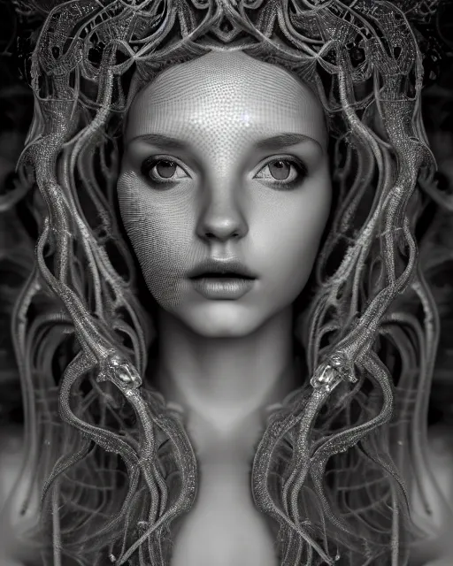 Prompt: surreal mythical dreamy underwater artistic black and white 3 d render of a translucent beautiful young female angelic - medusa - vegetal - doll with her face covered with fish scales, highly detailed, intricate crystal ivy jelly ornate, poetic, translucent algae ornate, digital art, octane render, 8 k artistic photography, photo - realistic, hg giger flora borsi