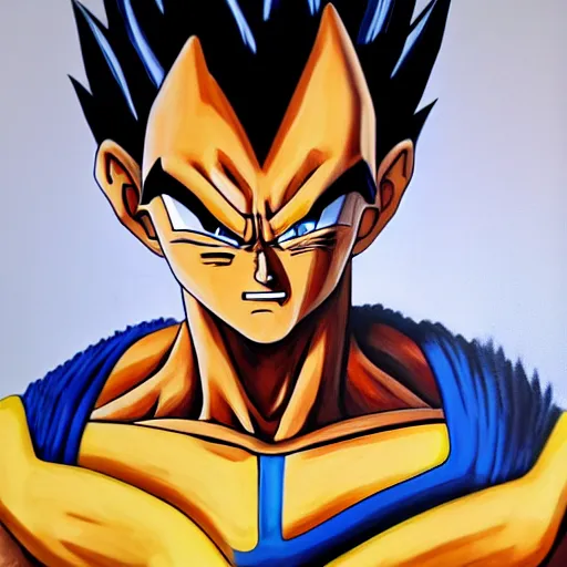 Image similar to oil paint of a fusion of old vegeta and trunks, gogeta, realistic painting, non anime, 4 k, detailed, full body, painting, on paper, paint smears, smooth, by a oil painter