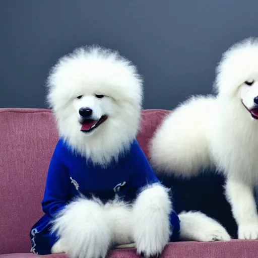 Image similar to realistic, sharp, several white and fluffy samoyeds sitting on the couch wearing birthday hats and smiling to you, happy, cute