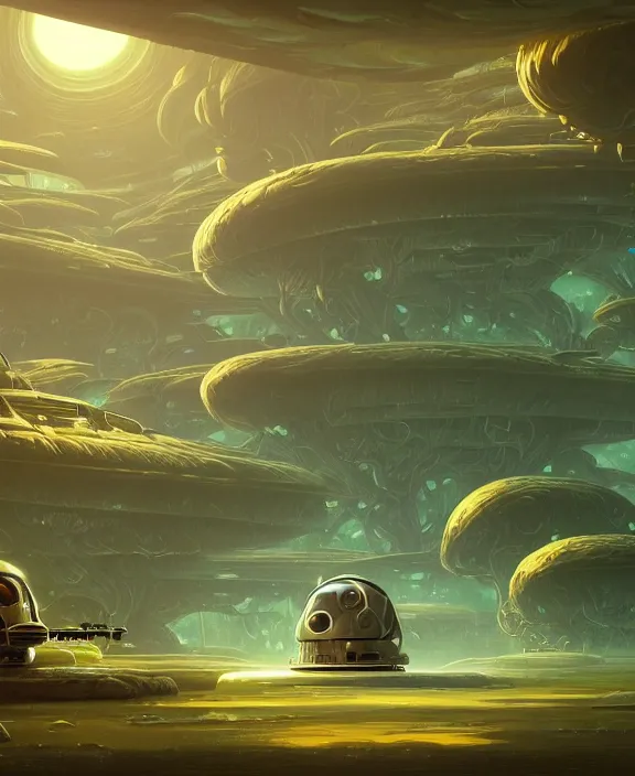 Prompt: simplicity, a simple bunker made out of exotic fungus, overgrown with weird smooth fungus and tendrils, spaceship, sci - fi, robots, noon, somber, partly cloudy, by dan mumford, yusuke murata, makoto shinkai, ross tran, cinematic, unreal engine, cel shaded, featured on artstation, pixiv