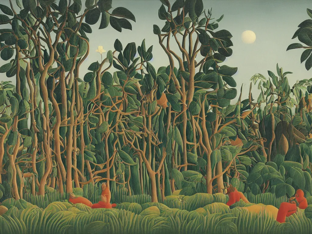 Image similar to Painting by Henri Rousseau depicting people wearing wild, tribal masks in an Icelandic sublime landscape.