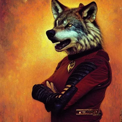 Image similar to a portrait of a wolf hyenaman canine star trek chief engineer. highly detailed painting by gaston bussiere craig mullins jc leyendecker gustav klimt artgerm greg rutkowski furry