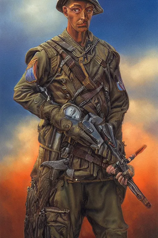 Prompt: Portrait of a soldier, illustration by Michael Whelan and Pete Lyon, fantasy art, visionary art, acrylic painting, smooth blending