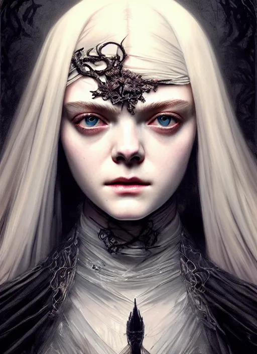 Prompt: symmetry!! portrait of elle fanning in bloodborne, horror, fashion, dark!! intricate, elegant, highly detailed, digital painting, artstation, concept art, smooth, sharp focus, illustration, art by artgerm and greg rutkowski and alphonse mucha