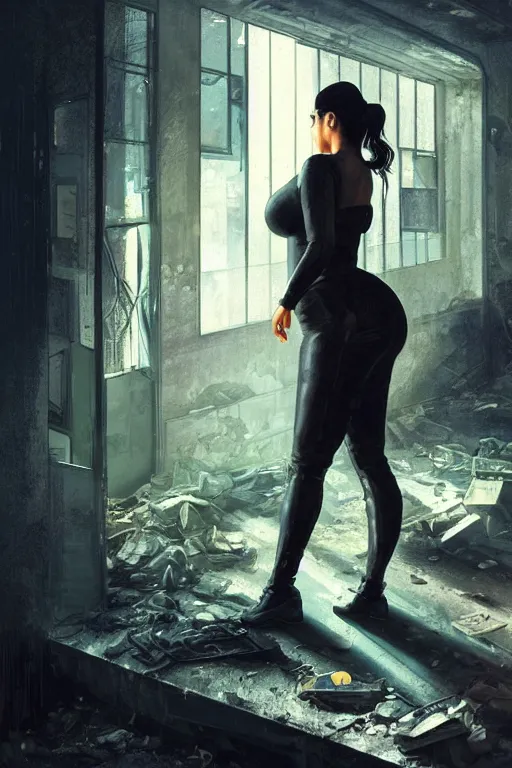 Image similar to photo of kim kardashian as a cop inside a derelict apartment, glowing walkie talkie, realistic, long shot, symmetrical, highly detailed, digital painting, artstation, concept art, smooth, sharp focus, illustration, cinematic lighting, art by artgerm and greg rutkowski and alphonse mucha