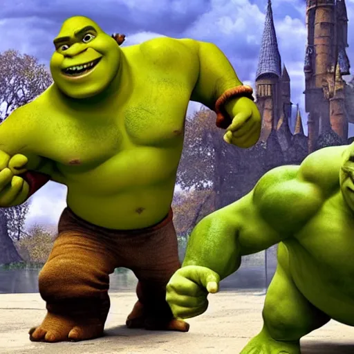 Prompt: shrek fighting the incredible hulk