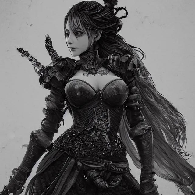 Prompt: the portrait of the neutral evil fallen female dark knight vagabond as absurdly beautiful, gorgeous, elegant, sophisticated gravure idol, an ultrafine hyperdetailed illustration by kim jung gi, irakli nadar, intricate linework, detailed faces looking down, octopath traveler, final fantasy, unreal engine 5 highly rendered, global illumination, detailed and intricate environment