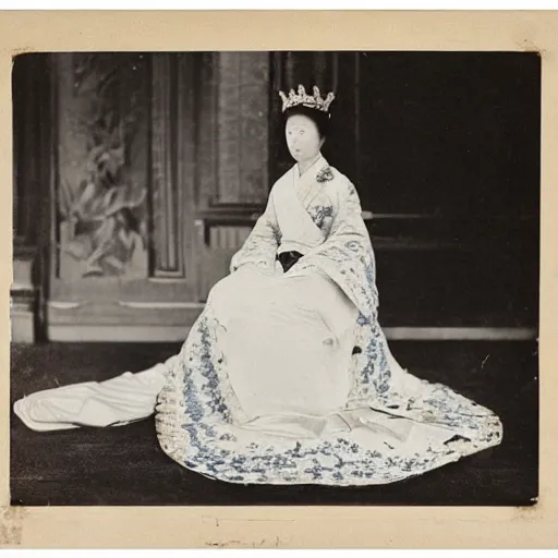 Prompt: A 1907 photograph from the official wedding photographer for the royal wedding features a wide full shot, coloured black and white Russian and Japanese mix historical fantasy portrait of the empress in her white floor-length bridal gown that fades into a bright blue at the bottom.