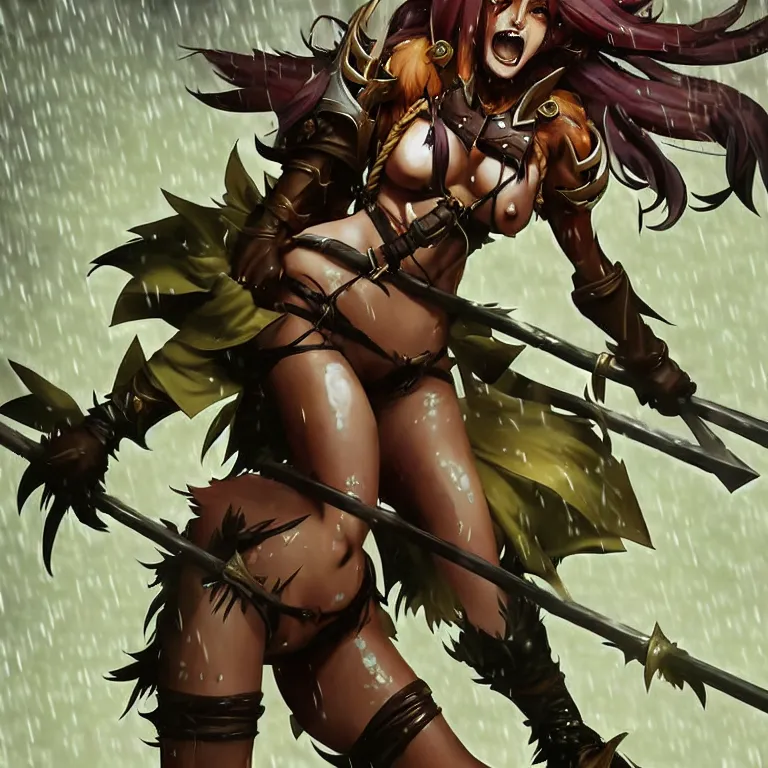 Prompt: an anthropomorphic maned wolf furry anthro girl standing in the muddy rain, laughing with a spear in her hands. league of legends splash art by yoji shinkawa and wayne reynolds